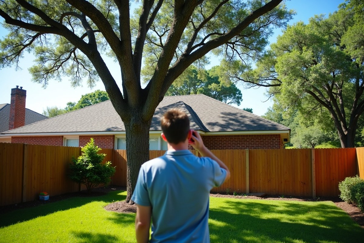 Homeowner on the phone in a Houston back yard looking up at a tall water oak over the roof