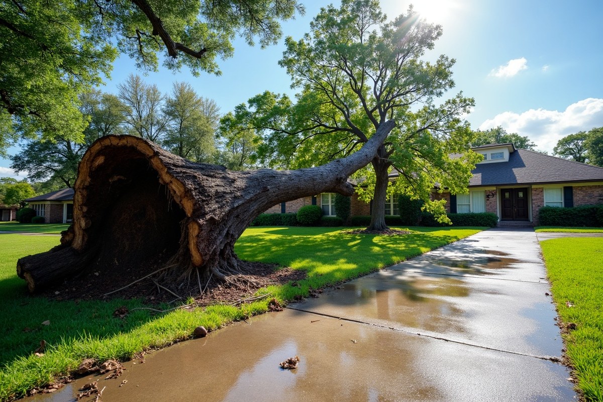 Uprooted oak lying across a Houston front lawn and driveway after a summer storm