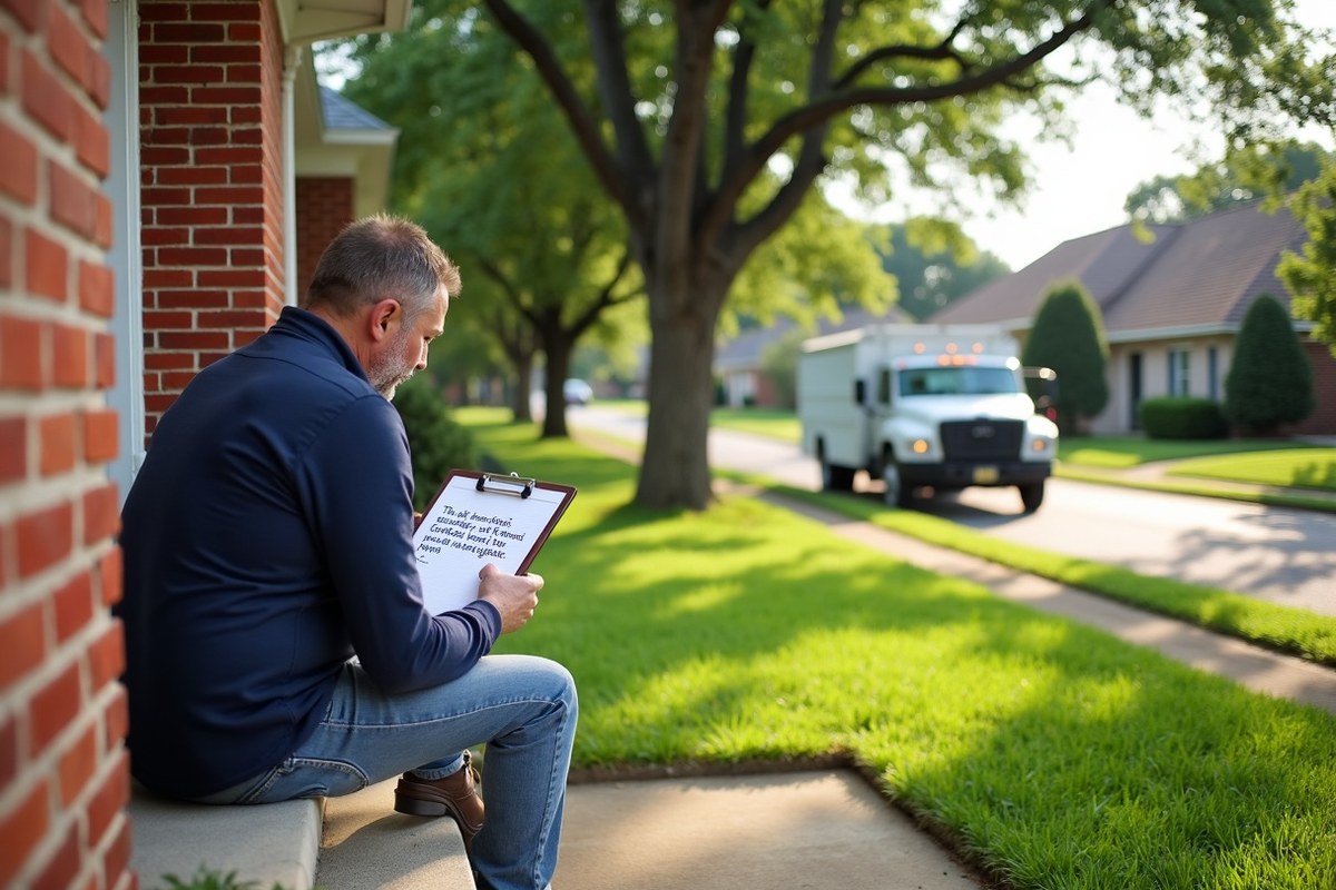 Homeowner reading a written tree service quote on the front porch of a Houston brick home