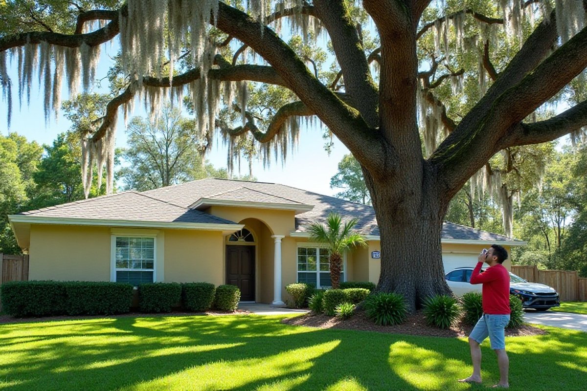 Homeowner looking up at a big oak in a front yard