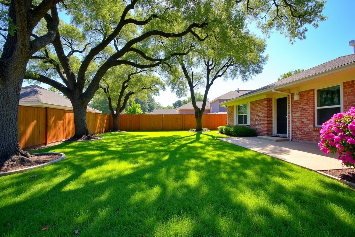 Back yard of a Houston brick home shaded by a water oak and tall loblolly pines