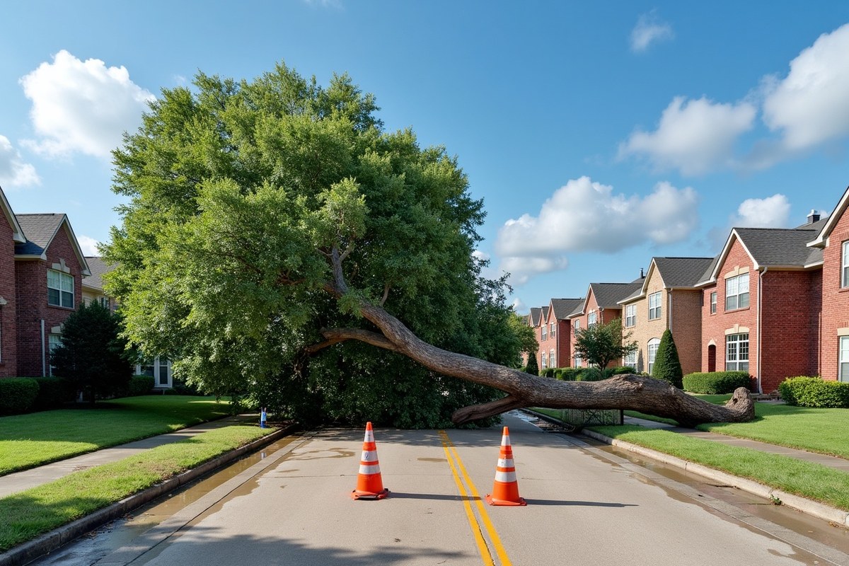 Large oak fallen across a residential Houston street after a windstorm