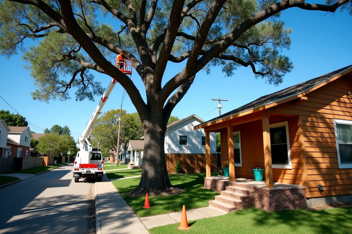 Bucket truck trimming an oak over an older bungalow on a narrow Houston Heights street