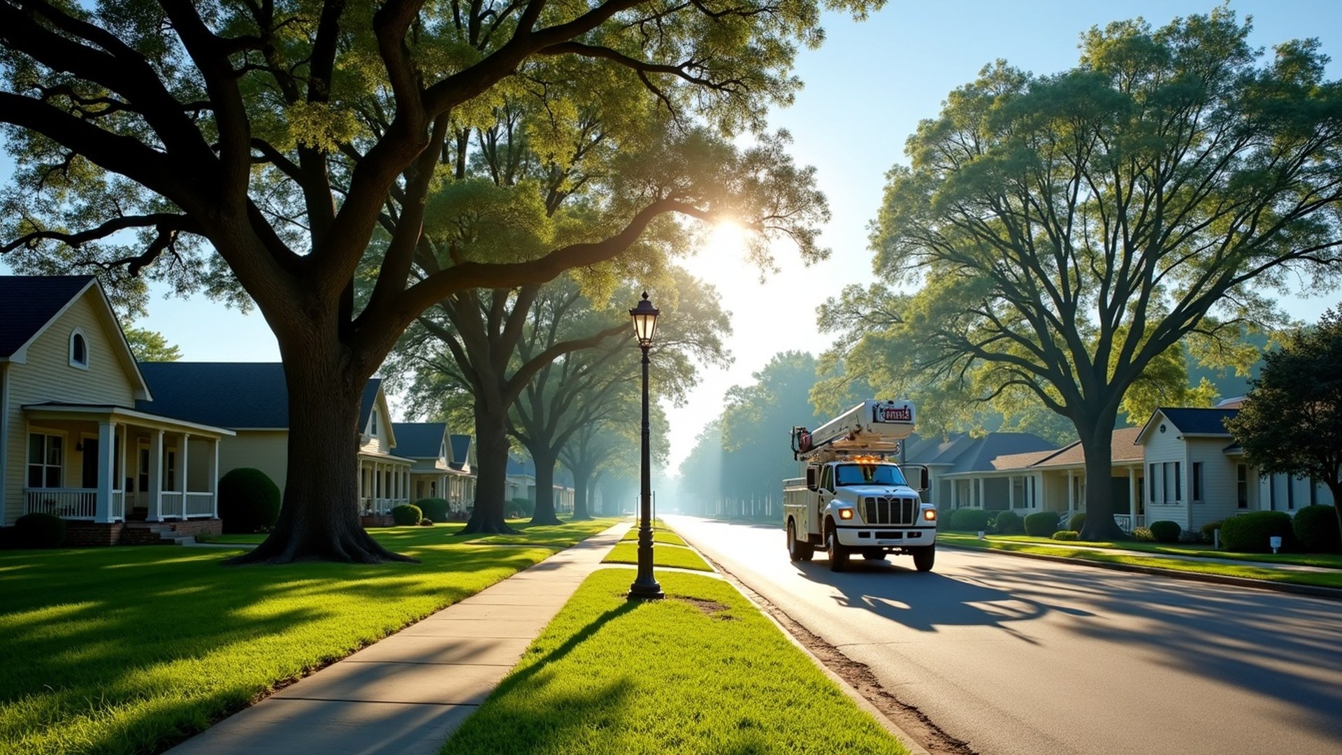Live oaks lining a wide esplanade and a street of older bungalows in an inner Houston neighborhood