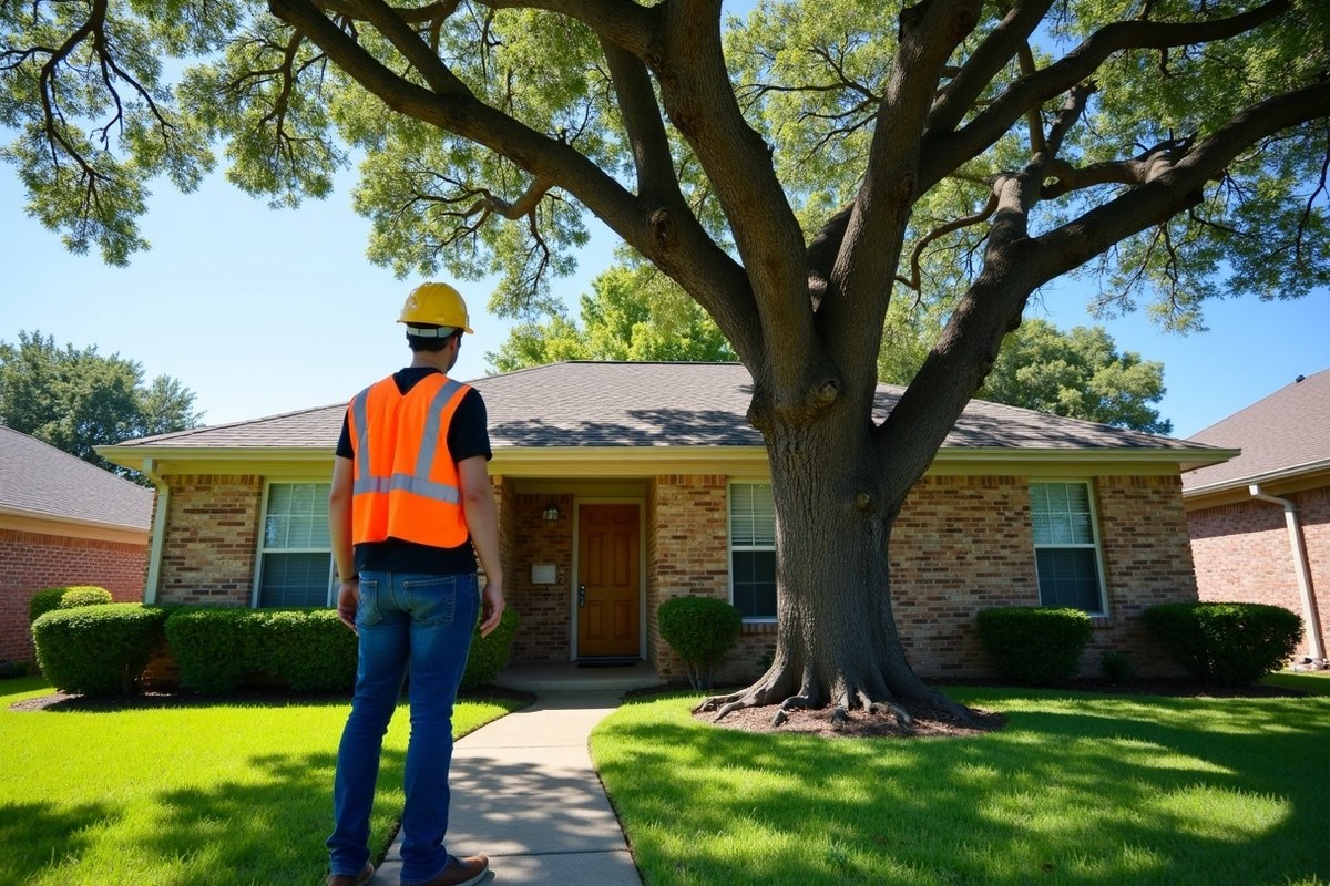 Arborist in a hard hat looking over the trunk of a large live oak in a Houston front yard