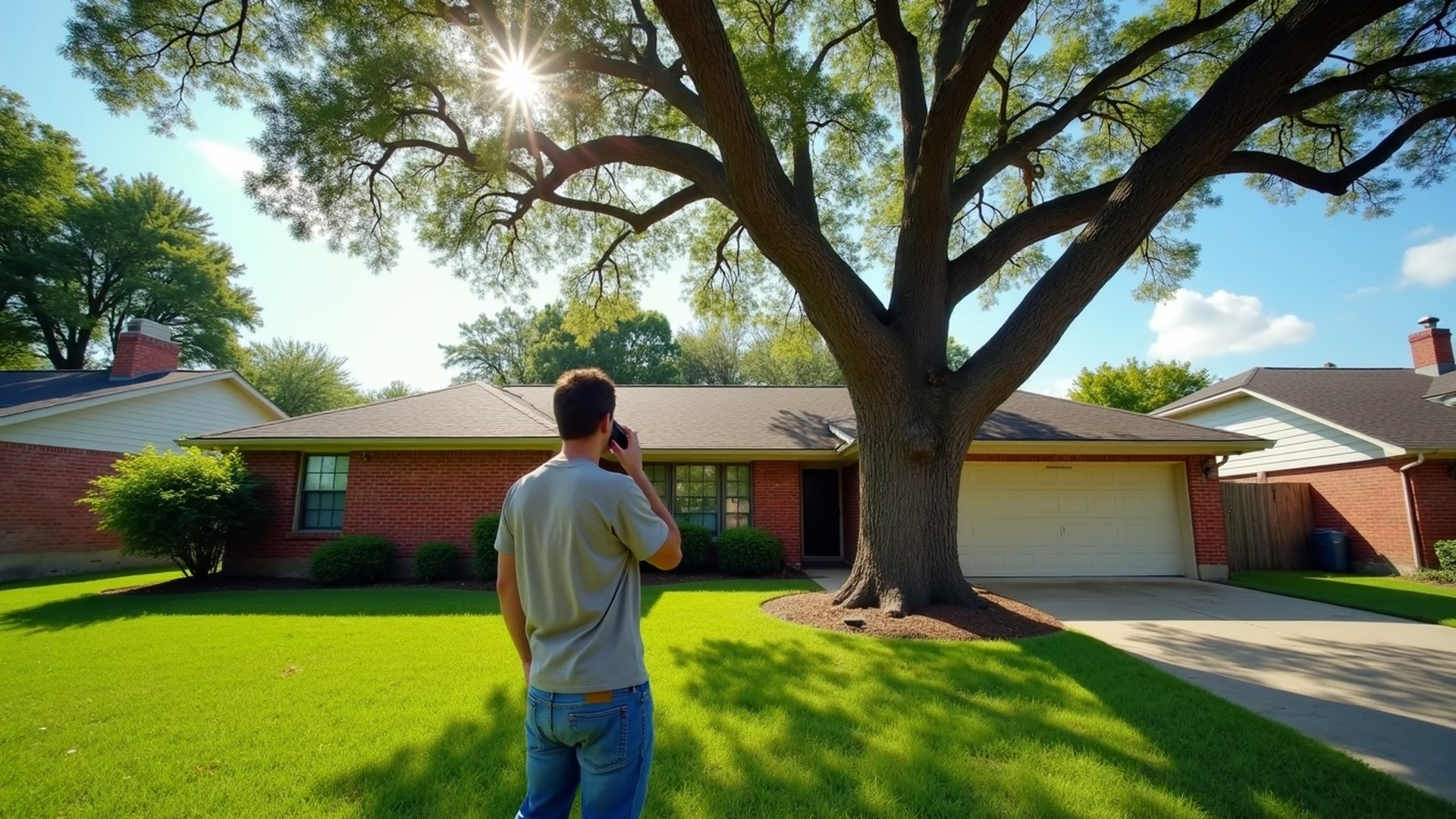 Homeowner on a phone call in the front yard of a brick Houston home, looking up at a large live oak