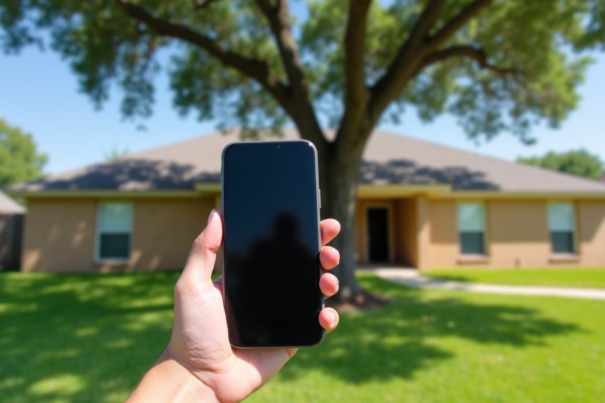 Hand holding a phone in front of a big live oak and a brick home in a sunny Houston yard