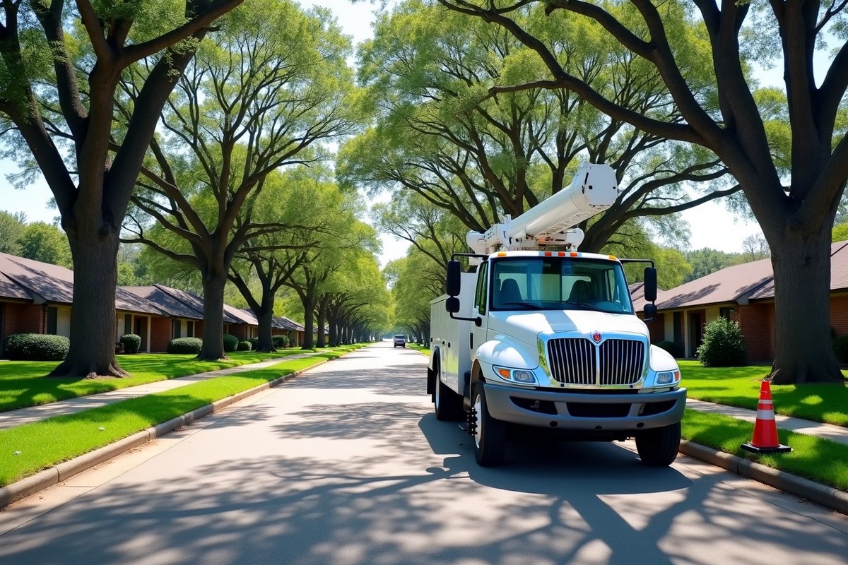 Tree service bucket truck parked at the curb on a Houston residential street lined with live oaks