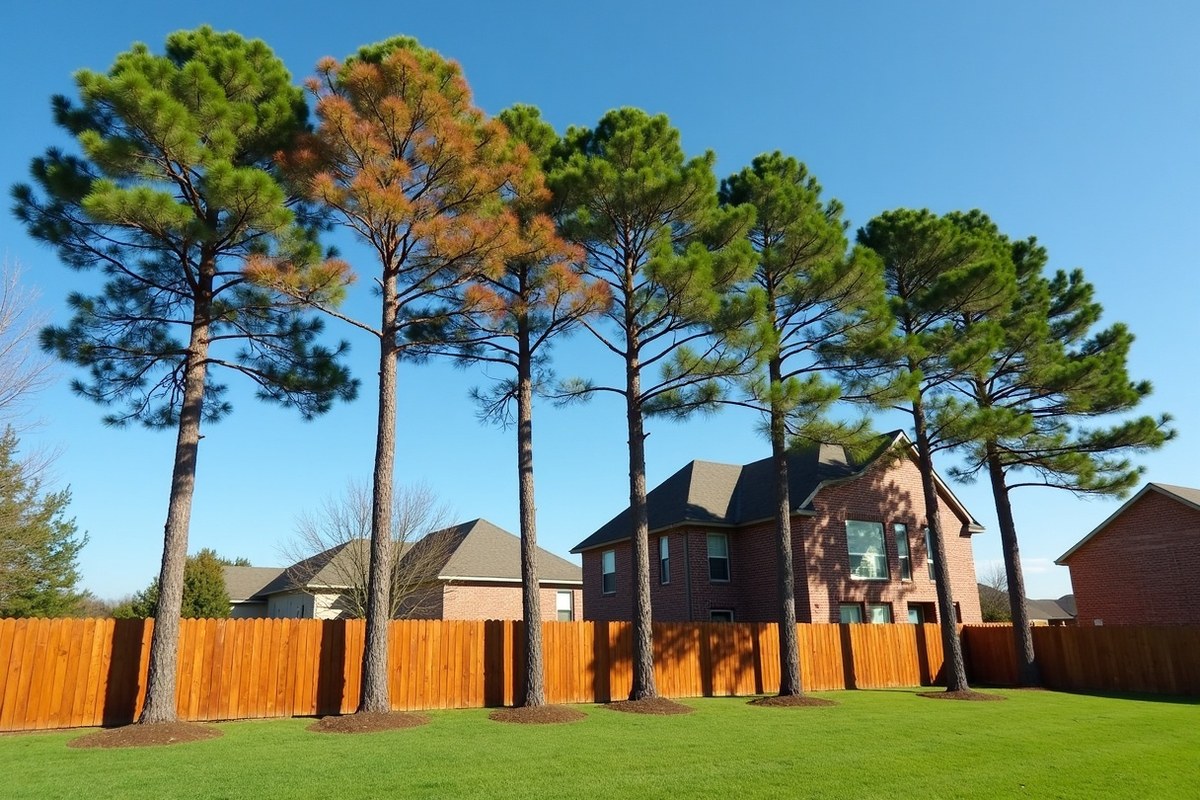 Tall loblolly pine with rust colored needles beside green pines behind a Humble home