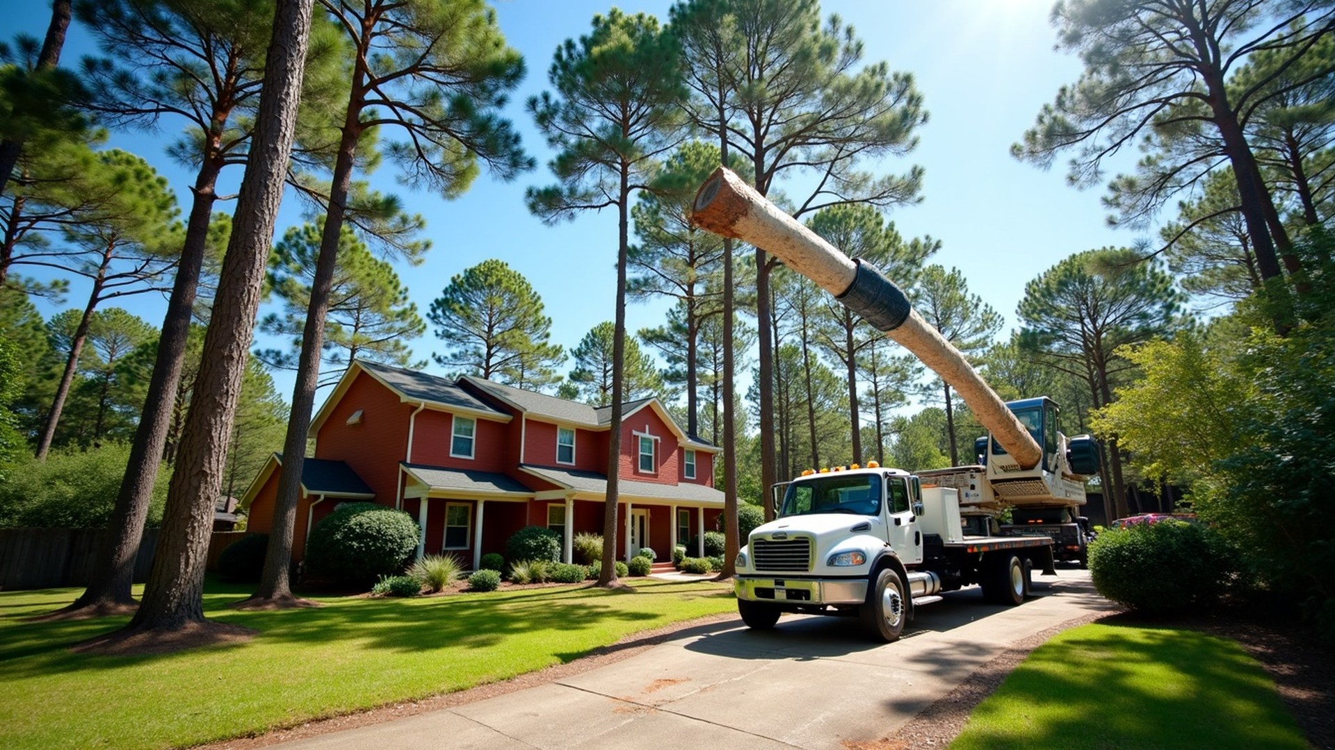 Crane lifting a section of a tall pine away from a two-story brick home in a wooded Humble neighborhood