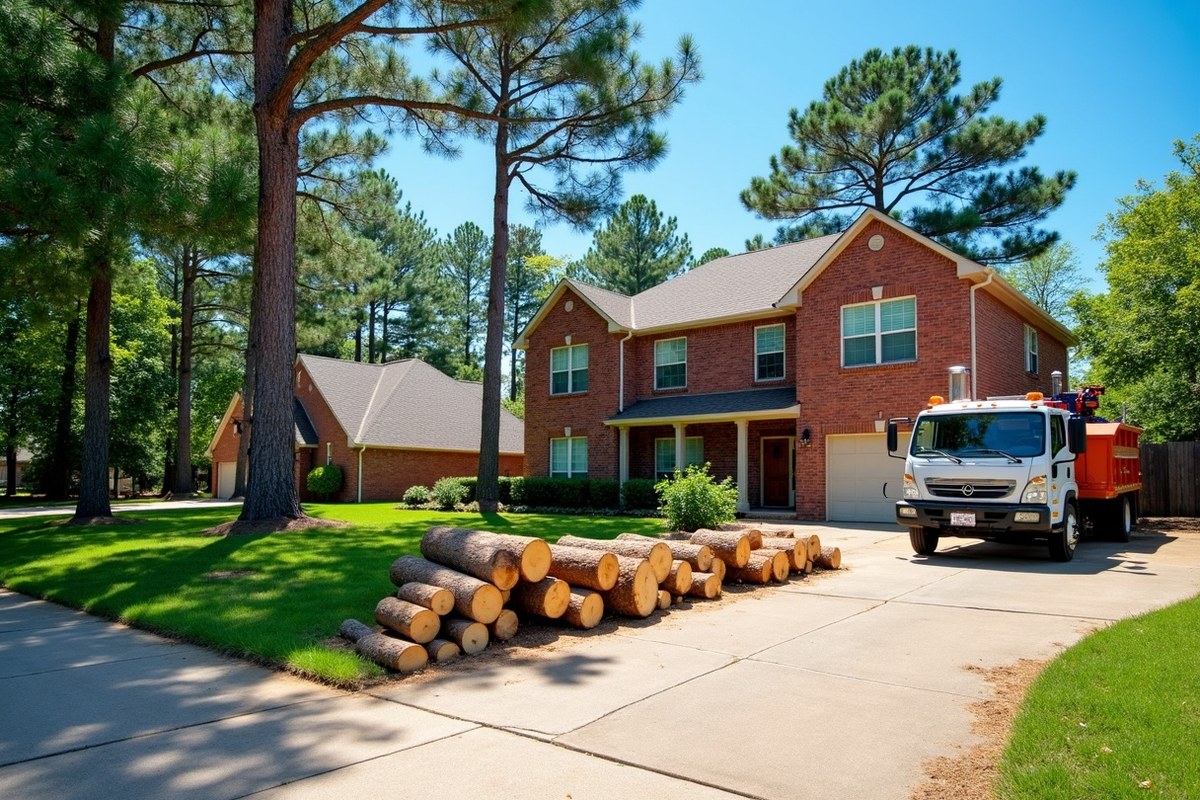 Pine trunk sections and brush stacked in a Humble driveway after a removal