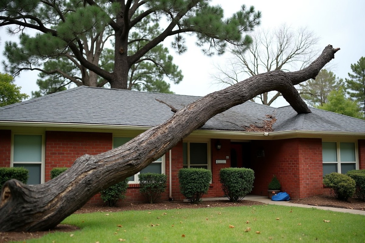 Oak limb resting on the roof of a brick home in Humble after a summer storm