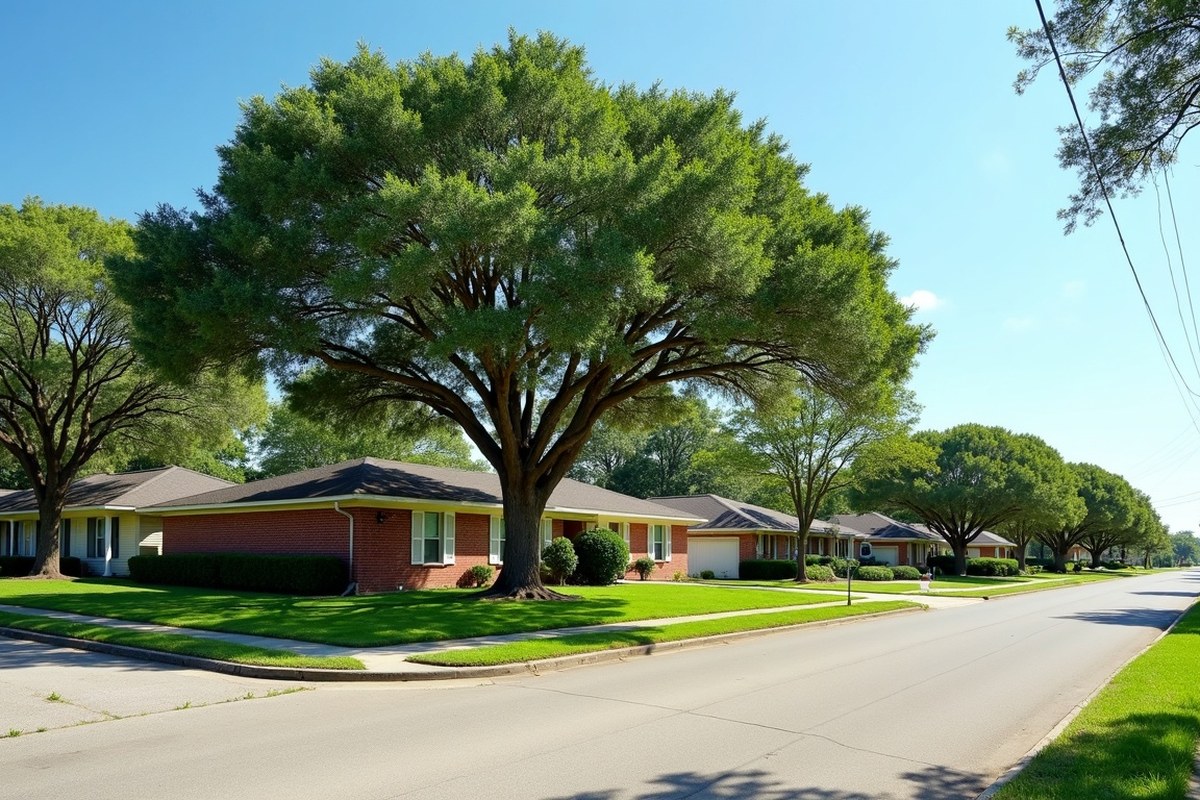 Live oak with limbs raised high over a corner lot sidewalk in a Humble neighborhood
