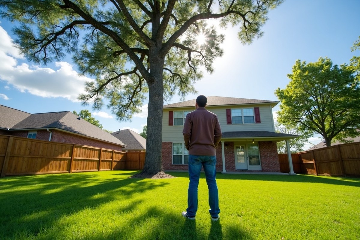 Person looking up at a tall loblolly pine with browning needles in a Humble back yard