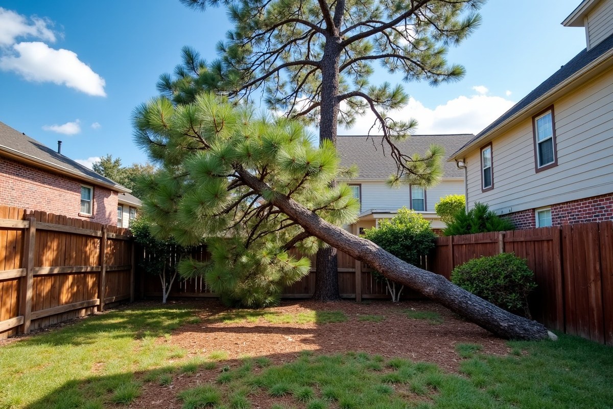 Uprooted pine lying across a backyard fence beside a wooded greenbelt after a storm