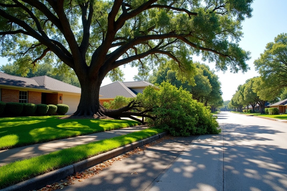 Homeowner seen from behind looking at storm-broken limbs on the lawn of a brick Houston home