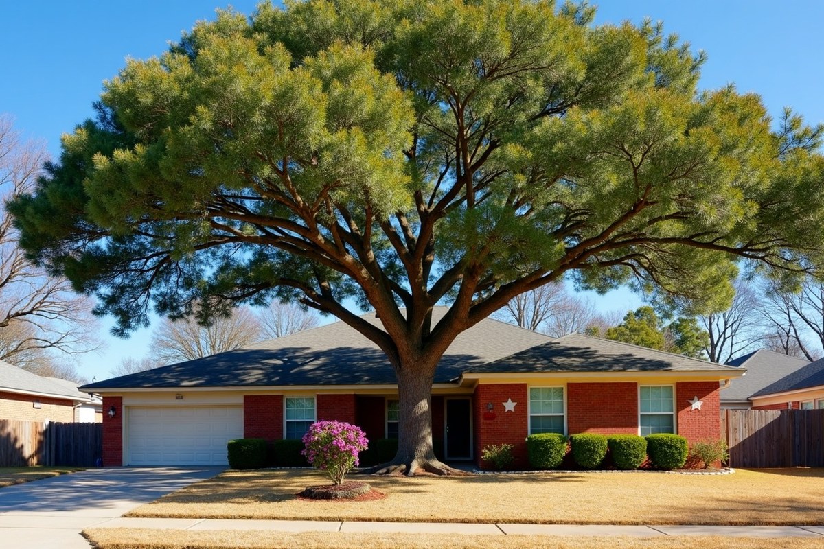 Broad live oak with a well-spaced crown shading a brick one-story Houston home