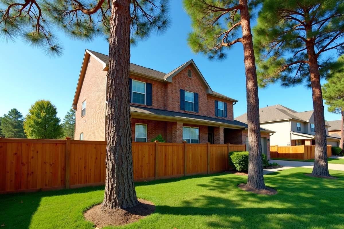 Tall loblolly pines standing close behind a wood fence and the back of a two-story Houston home