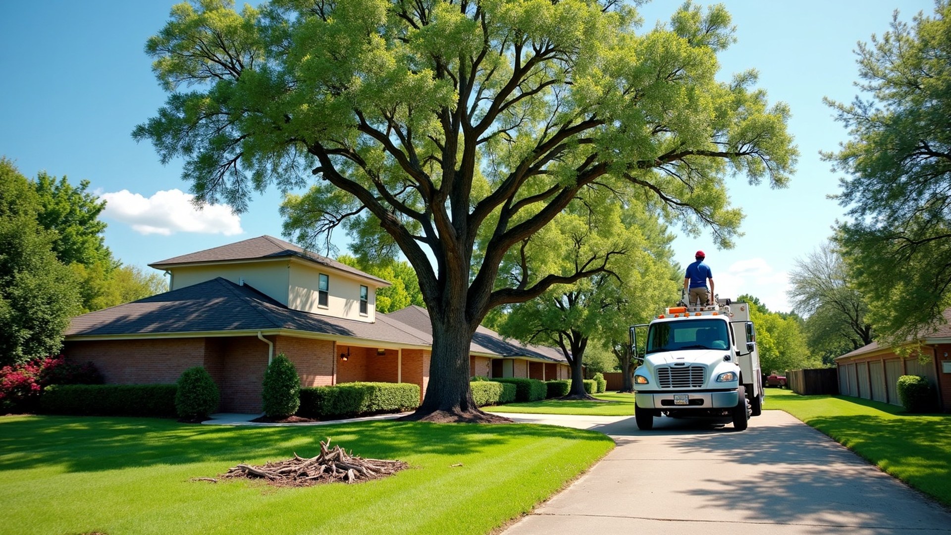 Tree worker in a bucket truck thinning a large live oak over a brick Houston home on a sunny day