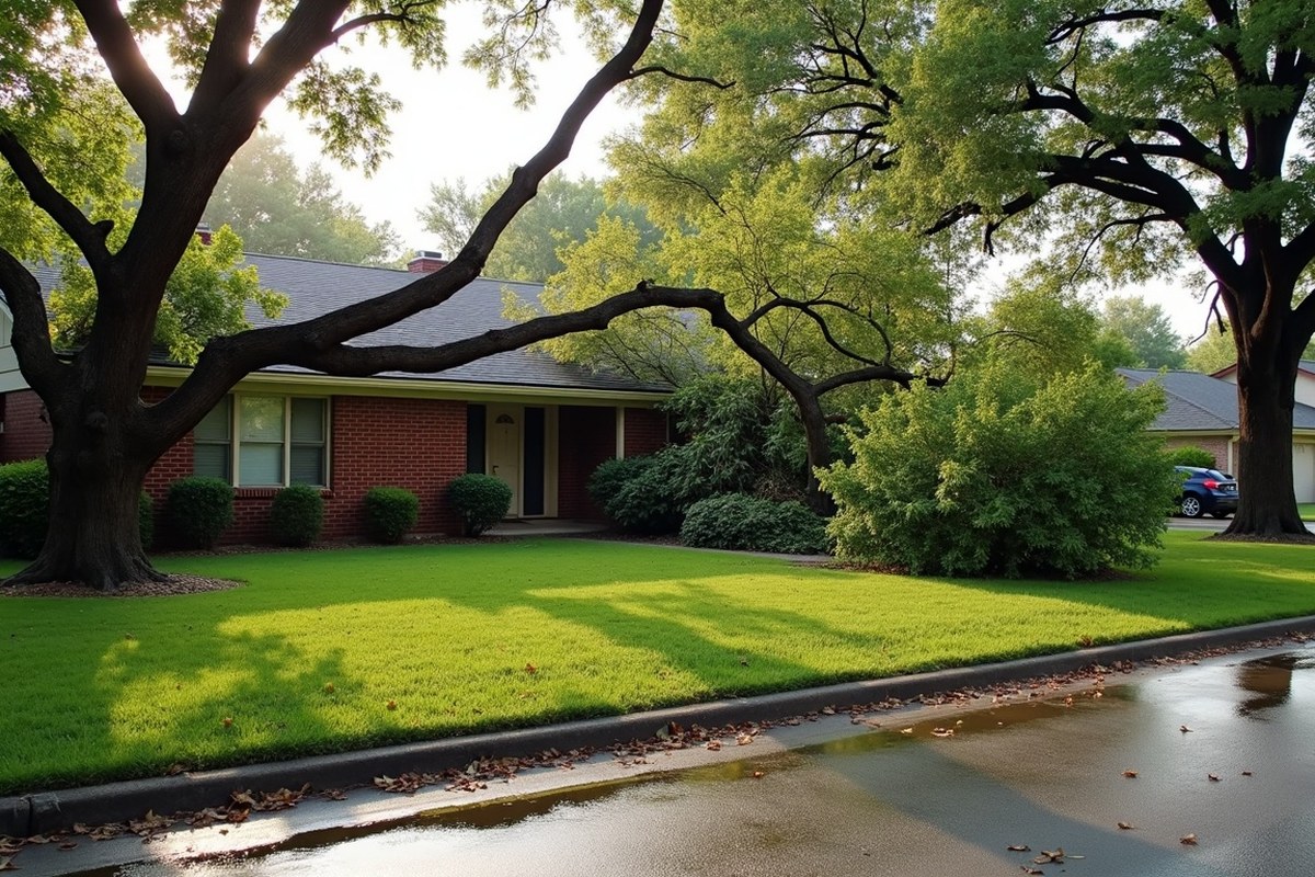Broken oak limbs piled on a lawn in front of a two-story Katy home after a hurricane