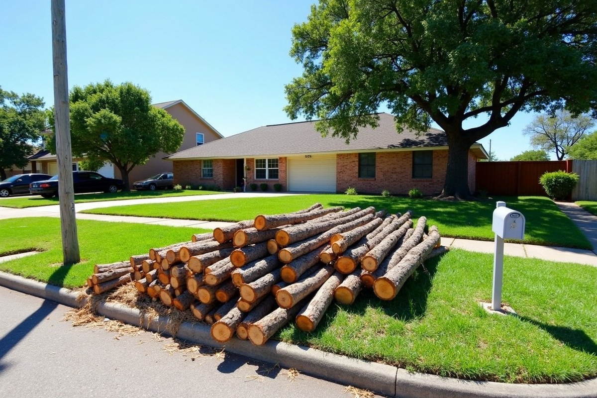 Cut tree limbs stacked neatly on the lawn by the curb in front of a Katy home