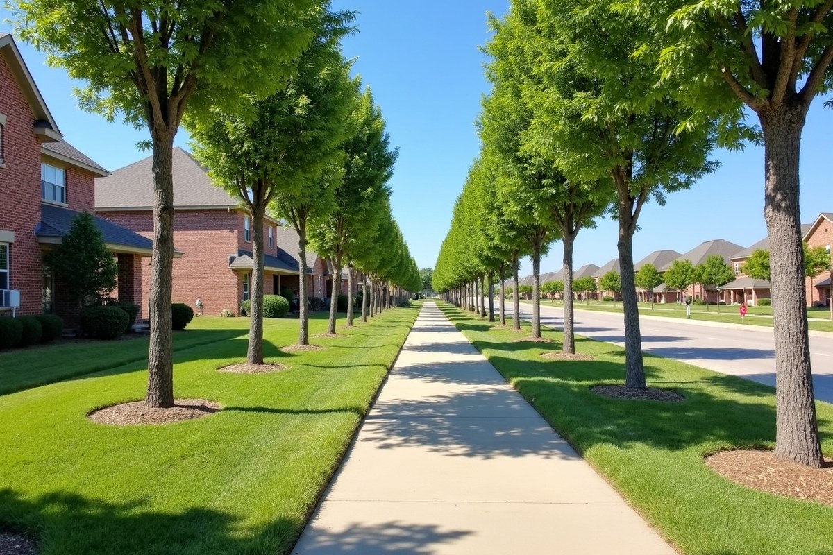 Row of young live oaks along a sidewalk on flat ground in a Katy area neighborhood