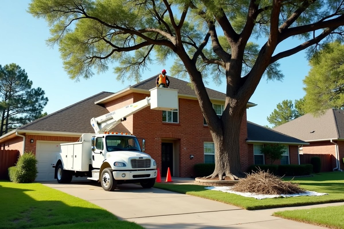 Chipper truck at the curb taking trimmed oak branches outside a Katy home