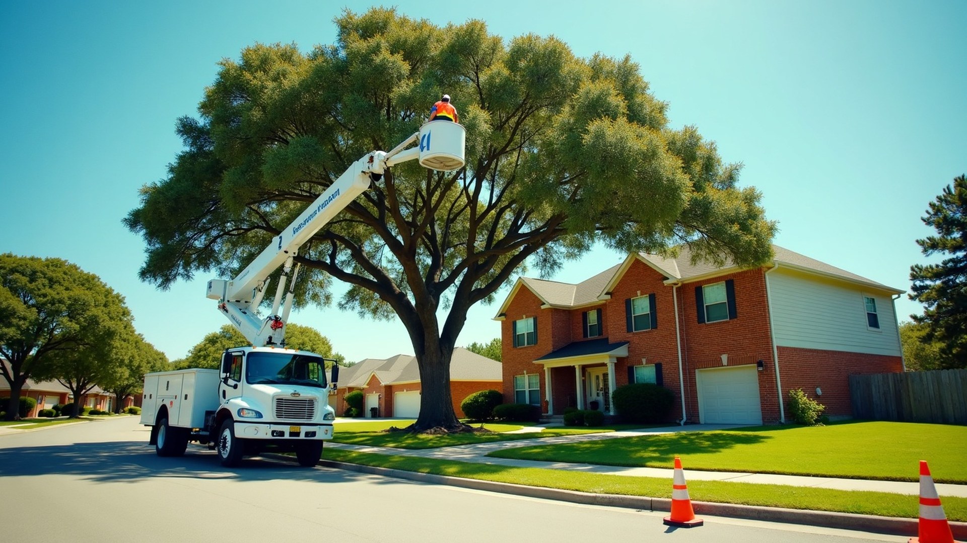 Bucket truck raising a trimmer into a live oak over the roof of a two-story brick home in Katy