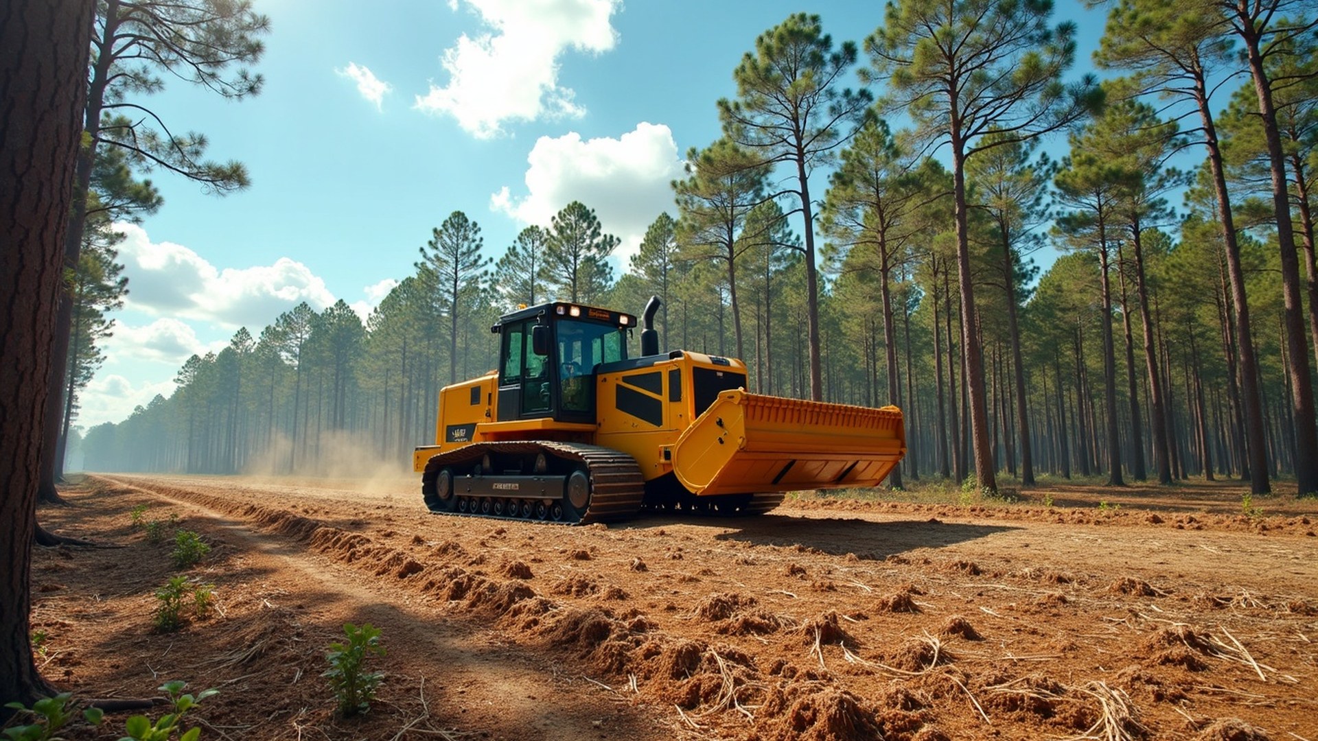 Tracked forestry mulcher clearing brush and young trees on a wooded lot north of Houston
