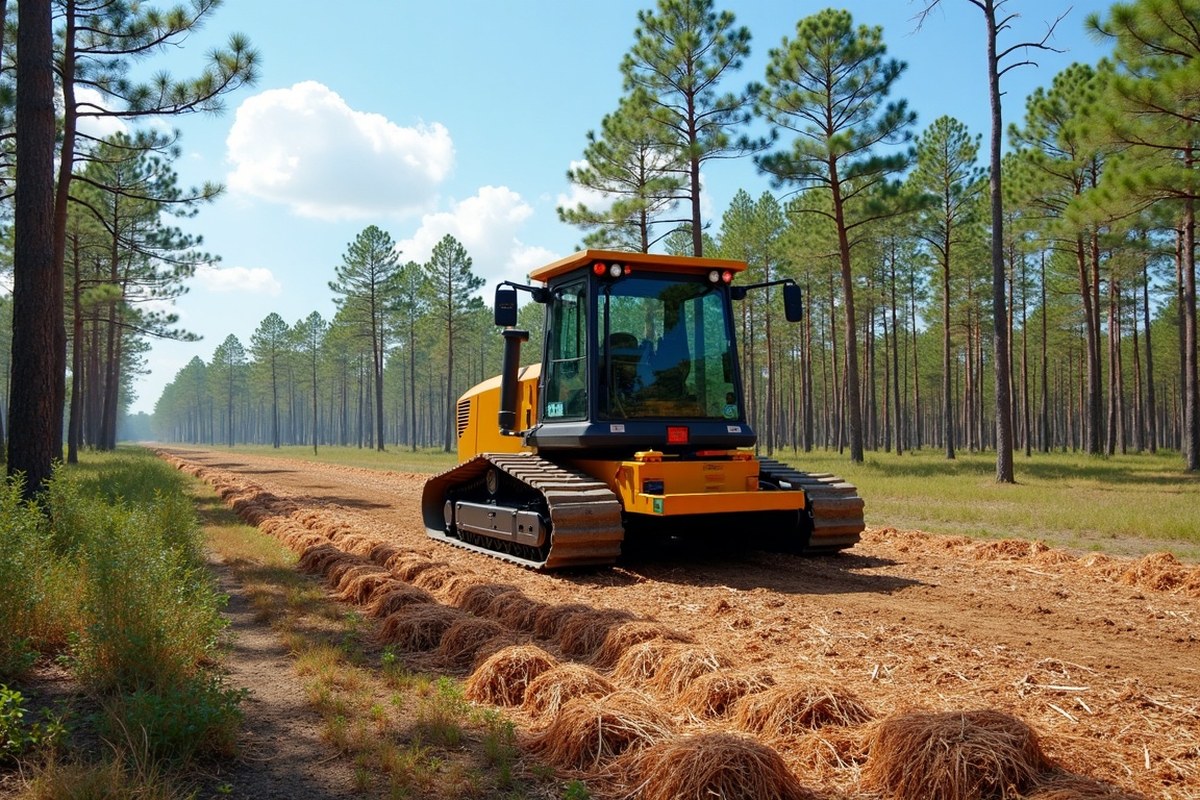 Wooded lot near Houston after forestry mulching, with pines left standing over a layer of wood mulch