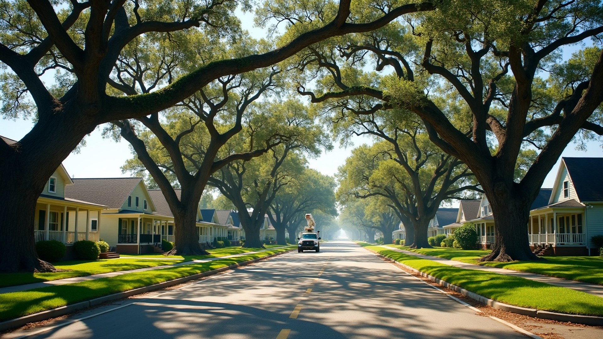 Old live oaks spreading over a quiet historic street of wood frame homes in League City