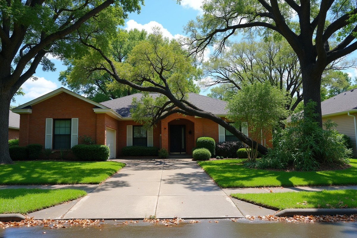 Large broken live oak limb lying across a front lawn beside a brick home after a storm