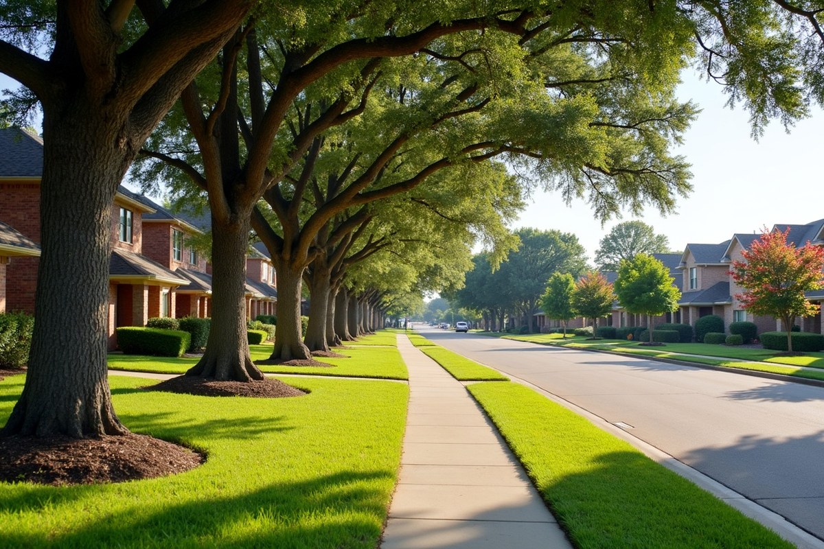 Live oak limbs lifted high over a suburban sidewalk and street in a League City subdivision