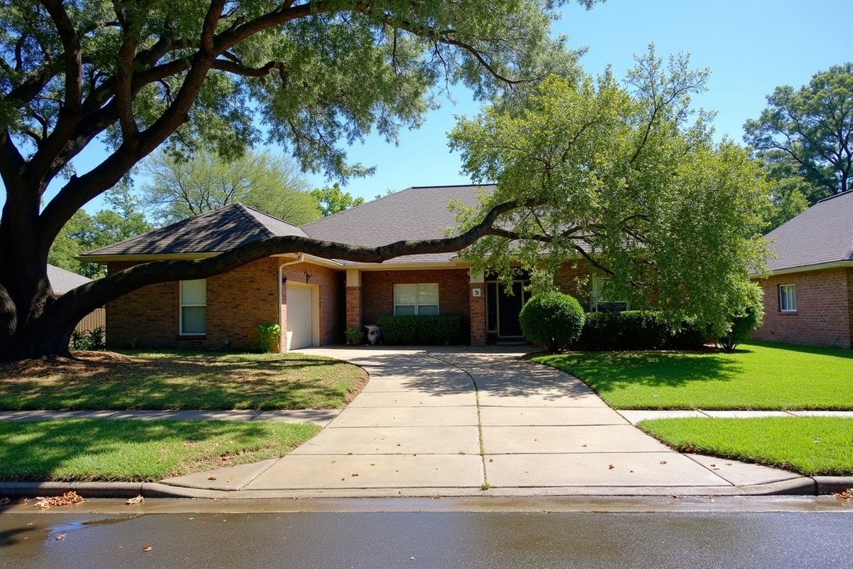Oak trunk blown down across a driveway in front of a two-story Missouri City home after a hurricane