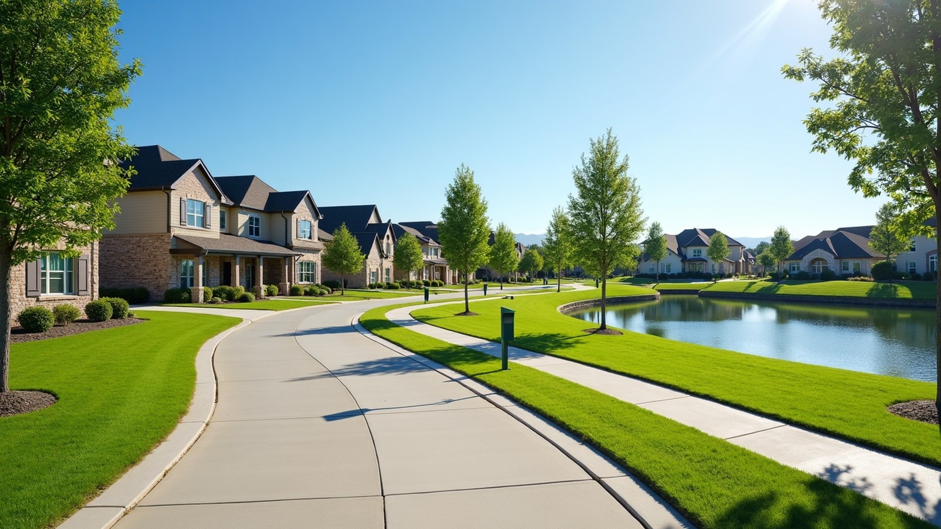 Two-story brick homes on a curving Missouri City street lined with young live oaks and a lake in the distance
