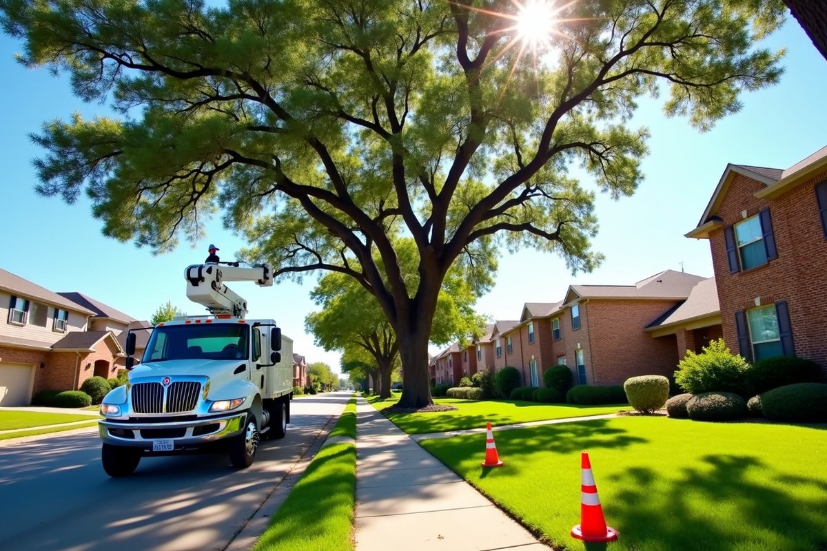 Bucket truck raising the canopy of a live oak over a Missouri City sidewalk and street