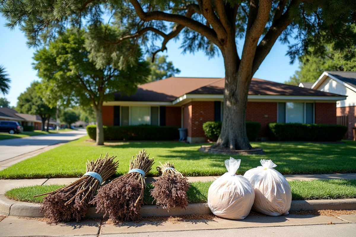 Brush tied in short bundles beside compostable lawn bags at a Missouri City curb