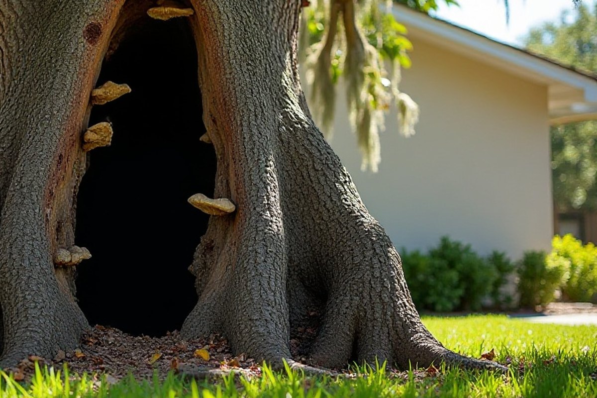 Base of an old oak with a hollow cavity and shelf fungi on the trunk