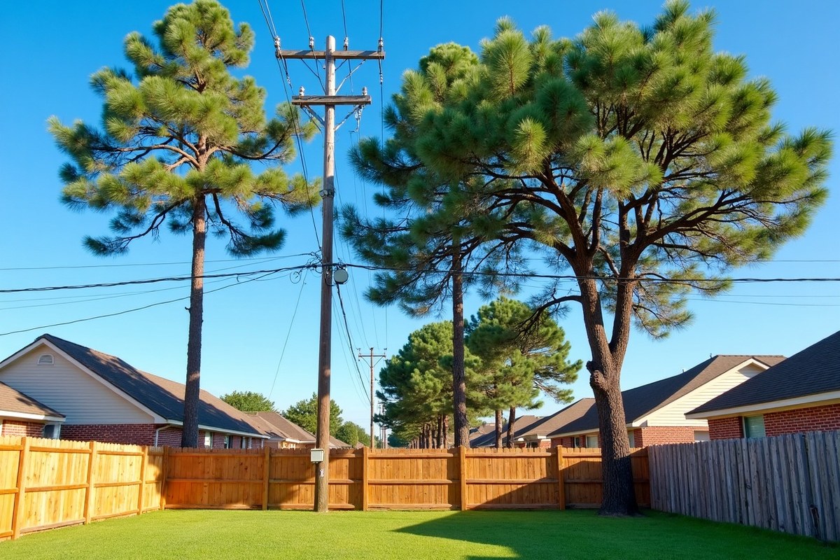 Oak branches growing toward utility wires along a back fence in Pasadena, Texas