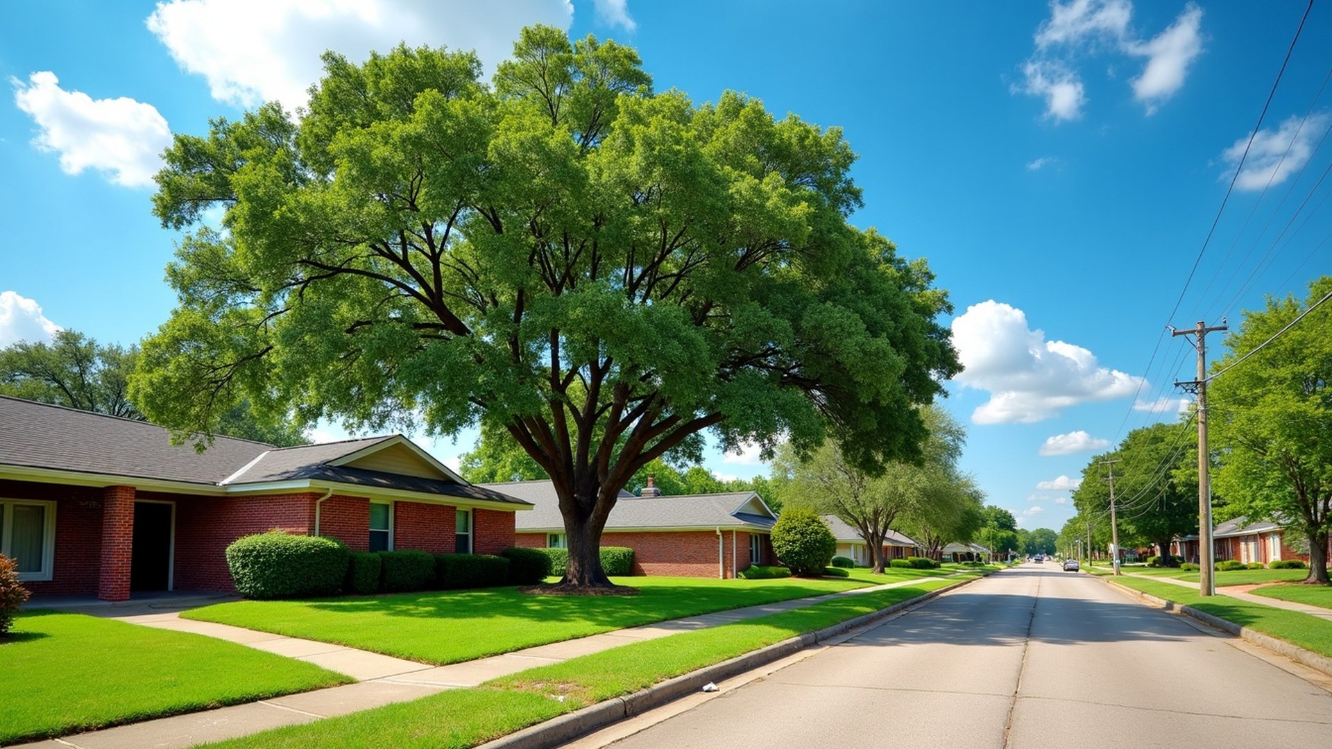 Large live oak shading a one-story brick ranch home on a flat street in Pasadena, Texas