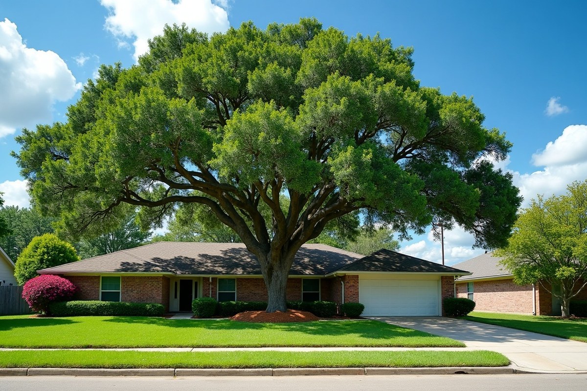 Mature oak spreading over the carport of a brick ranch home in Pasadena, Texas