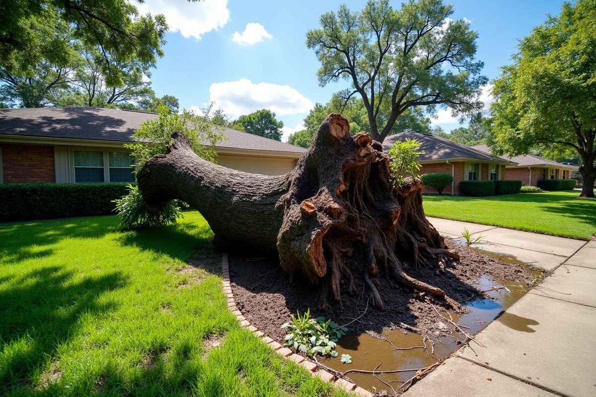 Uprooted oak lying across the front lawn of a brick home in Pasadena, Texas, after a storm