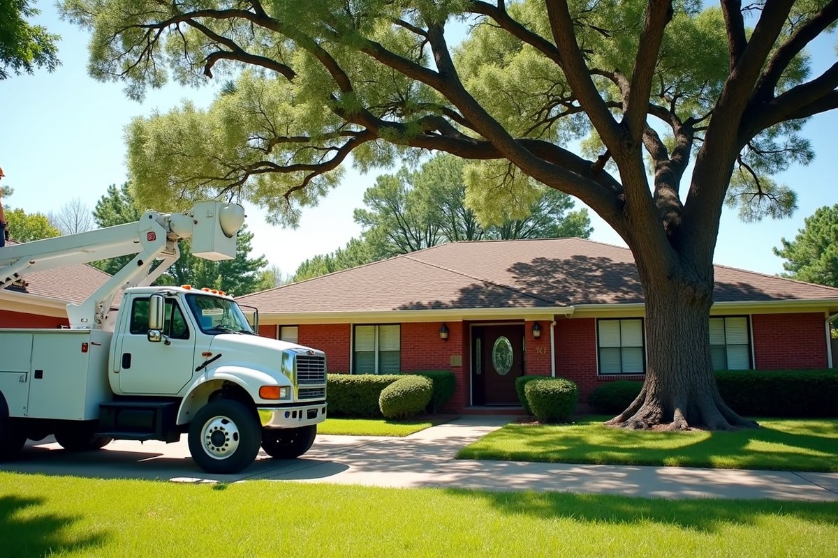 Worker feeding trimmed oak branches into a chipper at the curb on a Pasadena, Texas, street