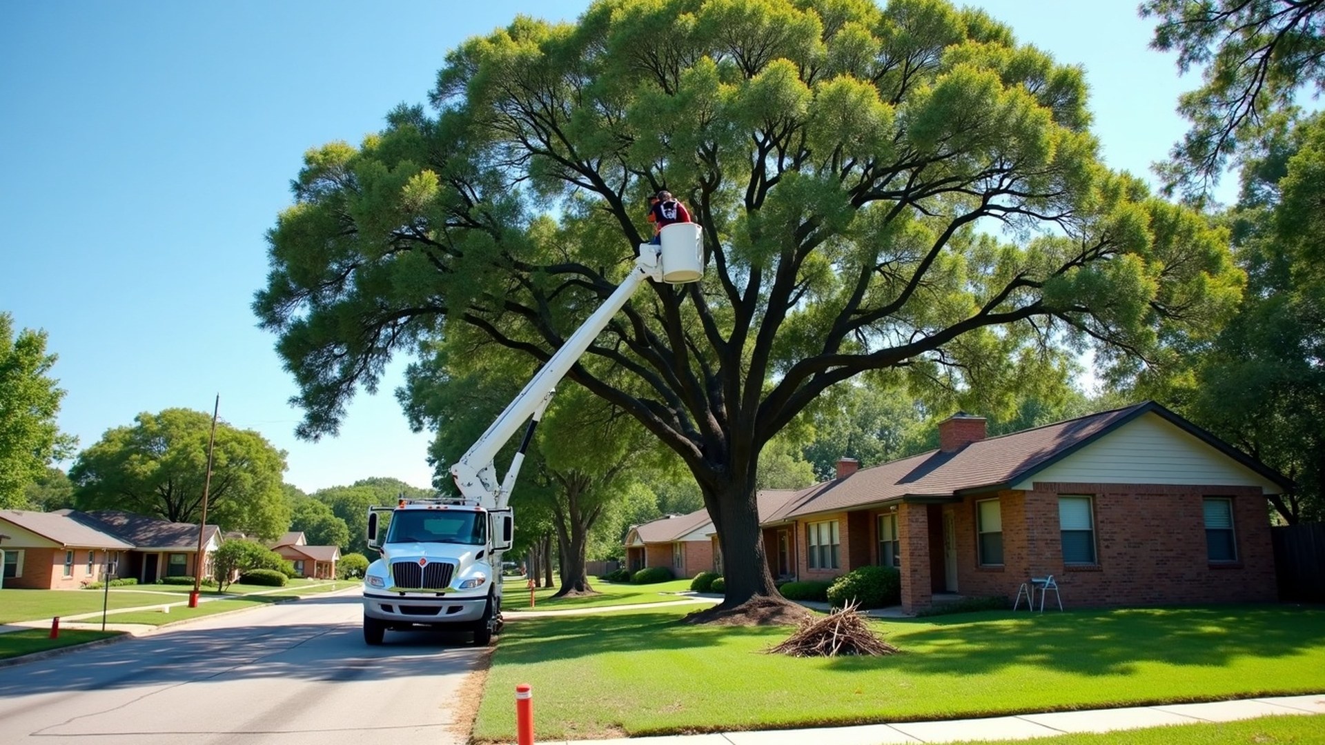 Bucket truck raising a trimmer into a live oak beside a one-story brick home in Pasadena, Texas