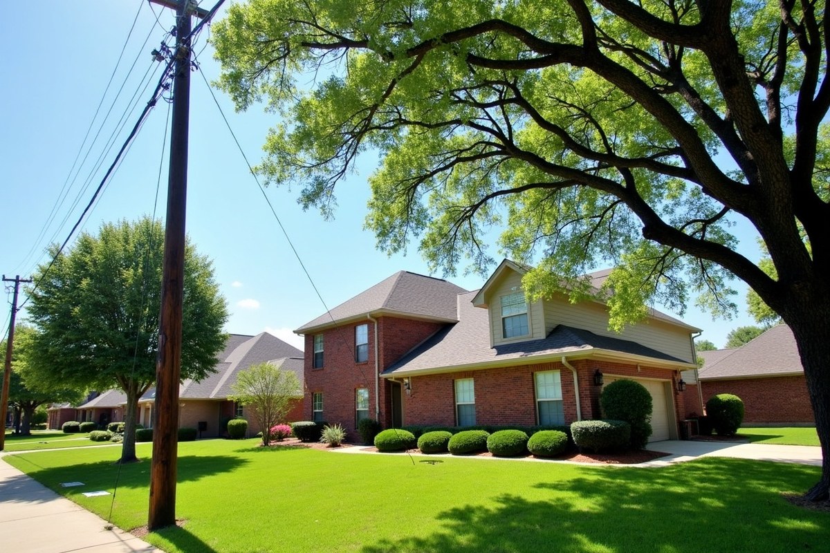 Oak branches growing around the service wire running to a brick home in Pasadena, Texas