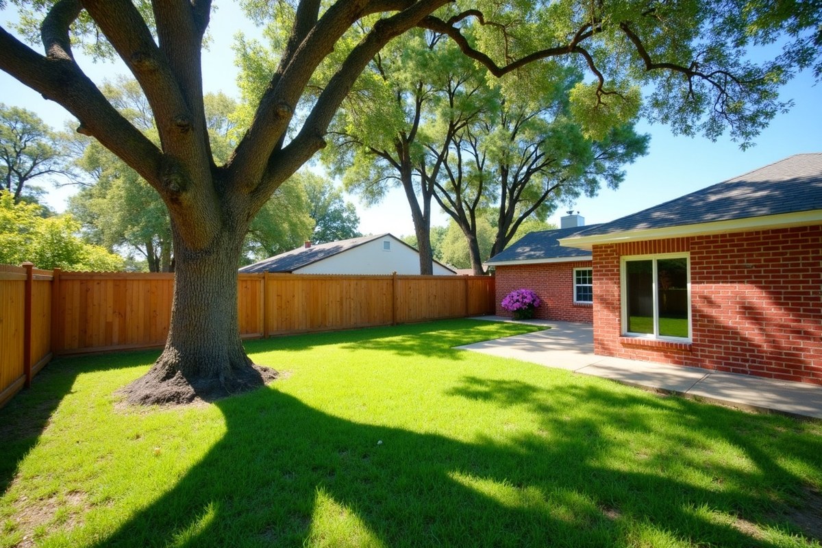 Back yard of a Pearland home with a spreading water oak and tall pines along a wood fence