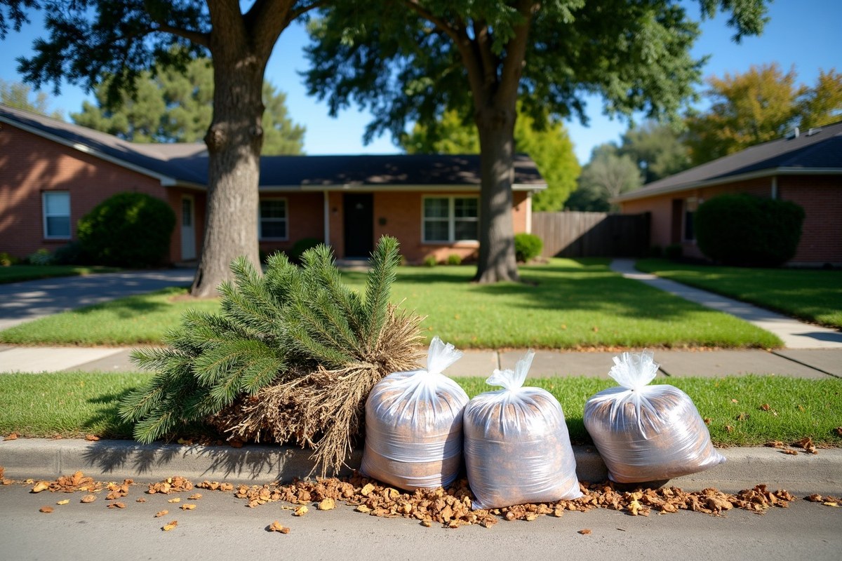 Neatly tied bundles of cut branches at the curb of a Pearland subdivision home