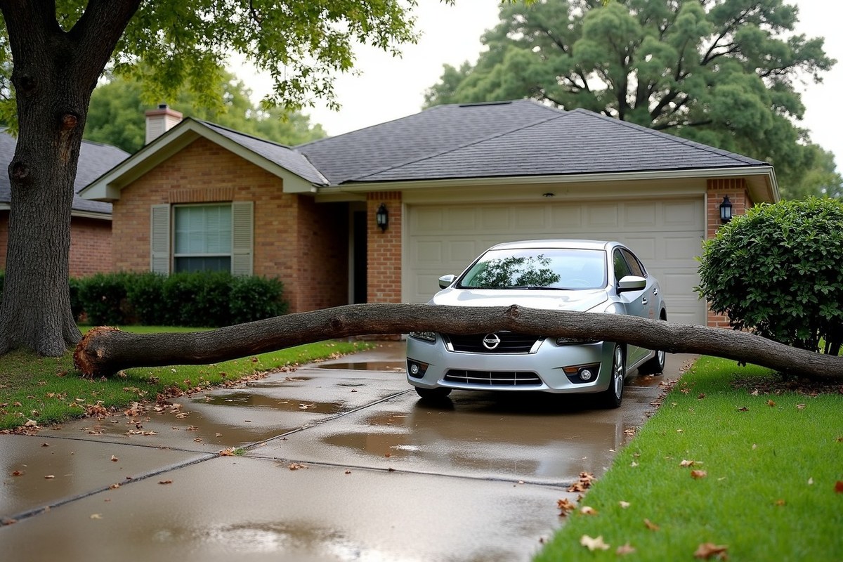 Large oak limb broken onto the driveway of a Pearland home after a hurricane