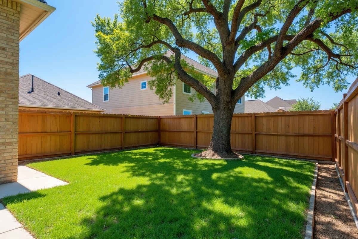 Large water oak growing near the back fence of a Houston home, well inside the property line