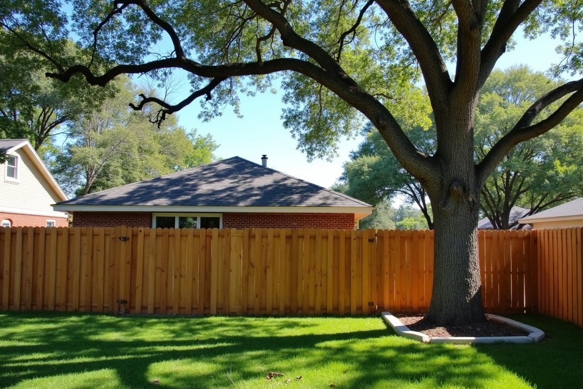 Oak limbs from a neighbor yard reaching over a wood fence and a Houston roof line